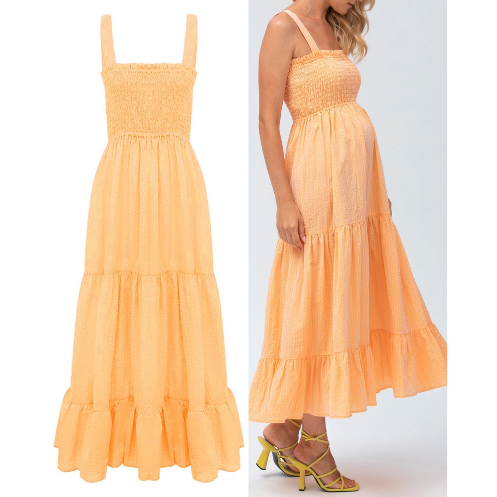 $251 Pietro Brunelli Cotton & Linen Maternity Maxi Dress Orange Seersucker XL